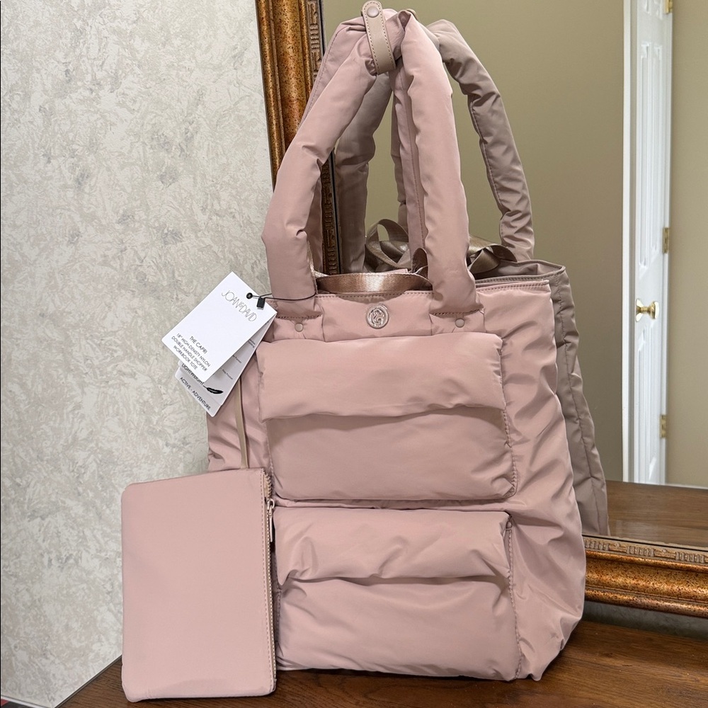 Tan double handle shopper workbook tote by Joan & David.  18” high density nylon